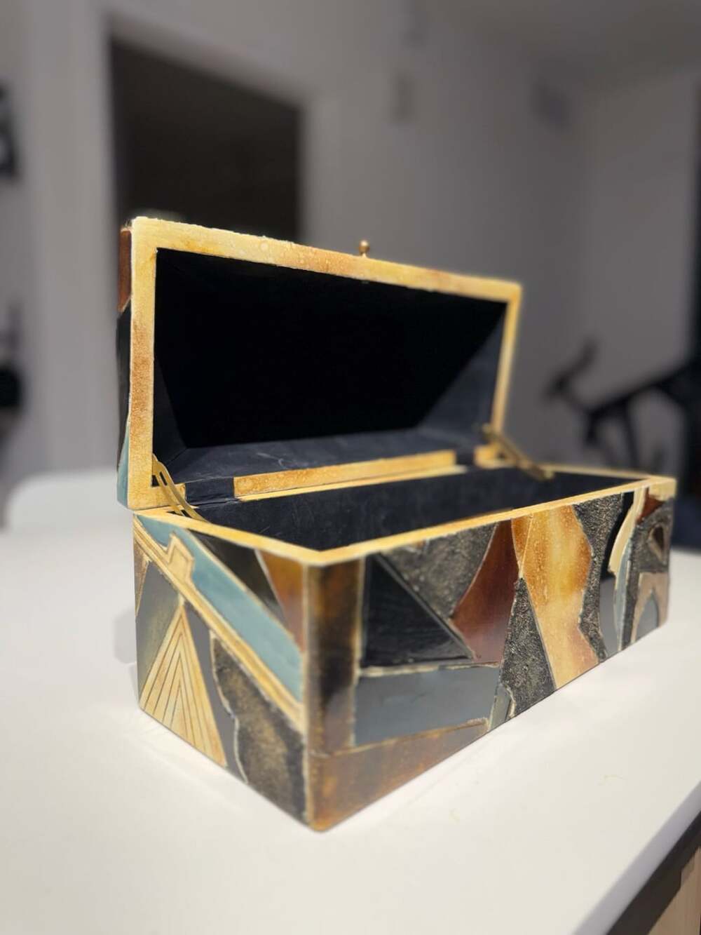 Vintage Inlaid Wooden Mosaic Art Trinket Jewelry Box